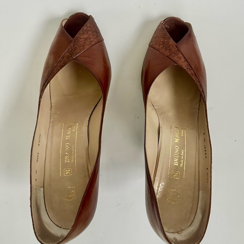 Bruno Magli Cognac Leather Peep-Toe Heels